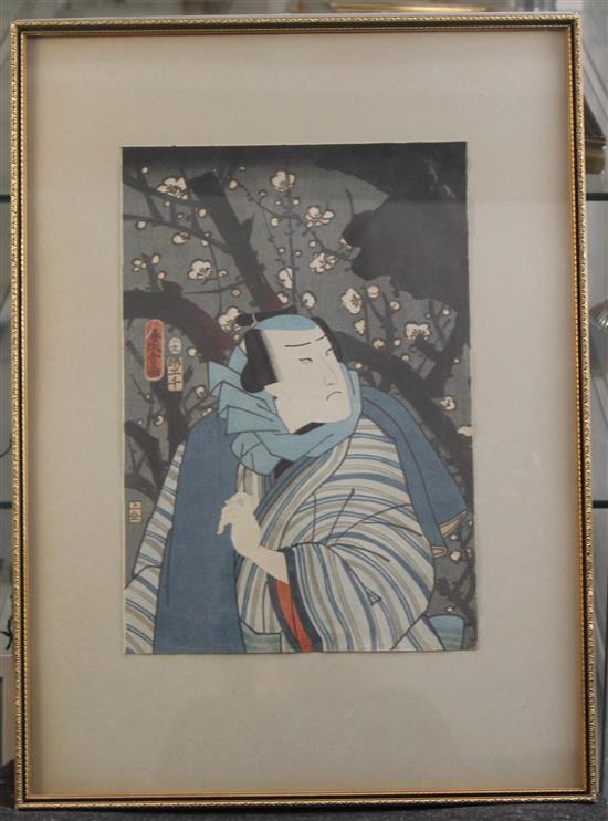 Kunimori and Others Actors and boat builder in a landscape, largest 14.5 x 9.5in.